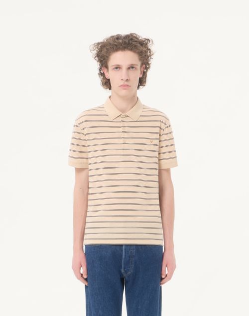 Valentino - Valentino Cotton Pique Polo Shirt With Vgold Stripes - Beige/navy - Man - T-shirts And Sweatshirts